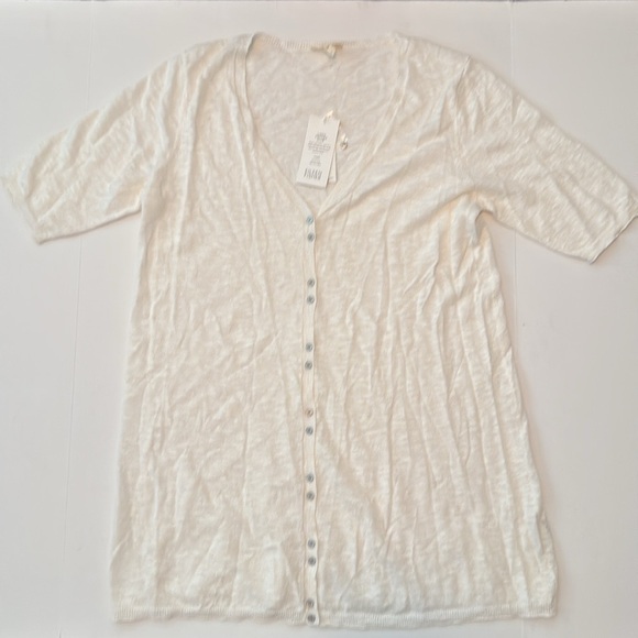 Eileen Fisher Long V Neck Linen Cotton Slub Short Sleeve Button Down Sweater NWT - Picture 1 of 6